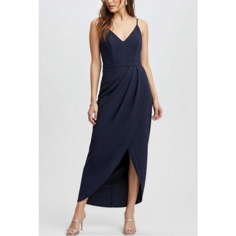 BHLDN Navy Maxi Dress with V-Neck and Wrap Tulip Skirt